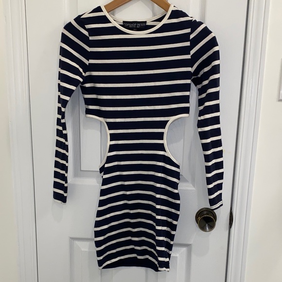 Topshop Dresses & Skirts - Topshop Petite Navy and White Striped Long Sleeve Dress With Side Cutouts